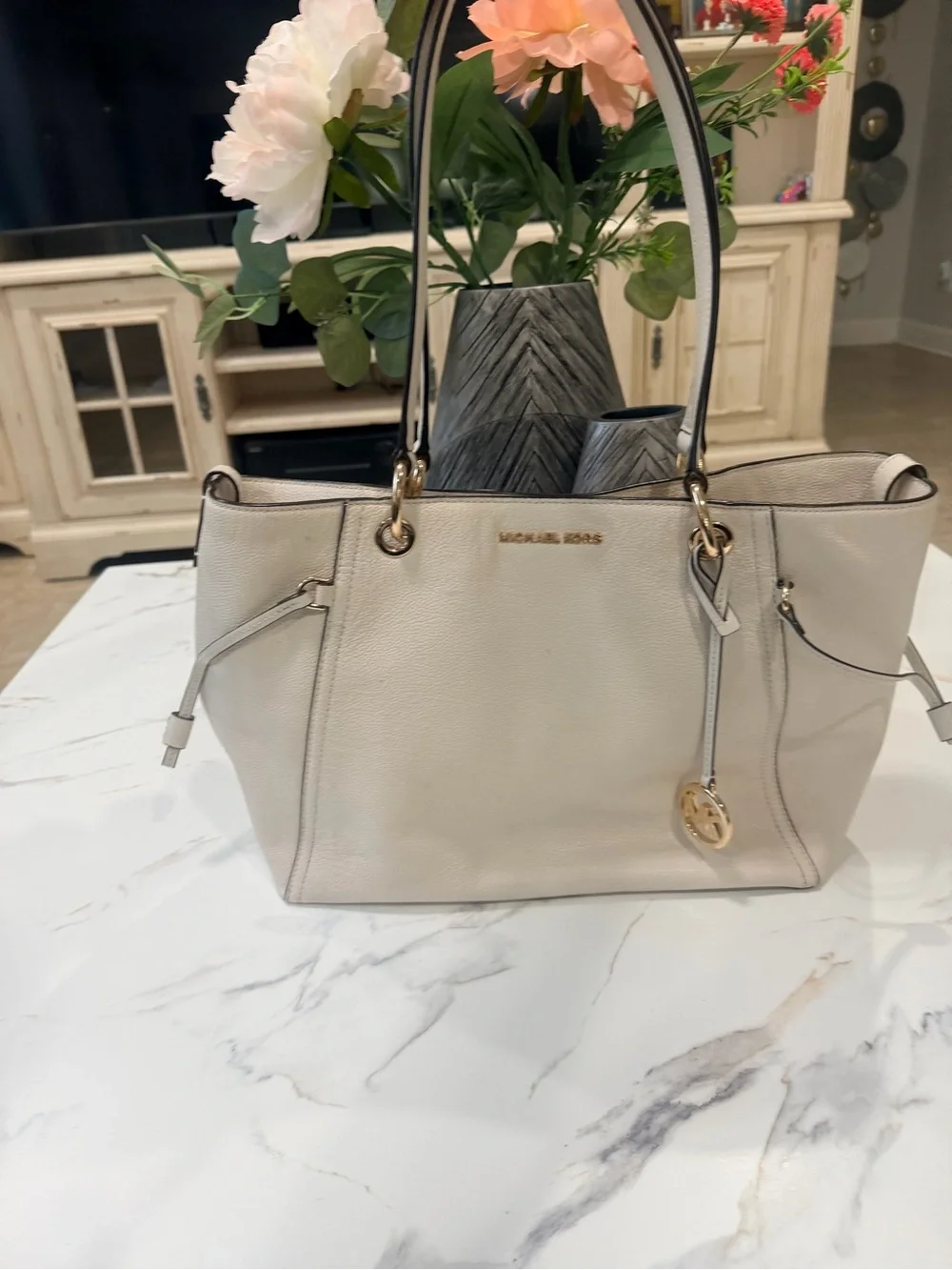Michael Kors Cream Pebbled Leather Tote with Gold Accents